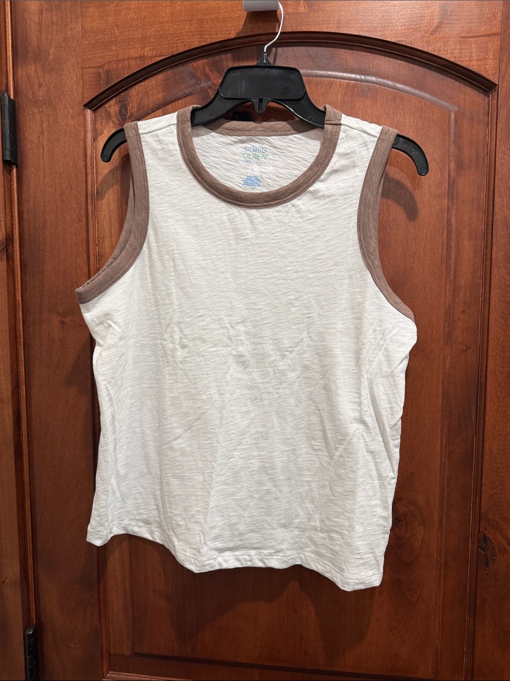 Sigrid Olsen White Tank with Brown Trim - Sleeveless Ringer Top